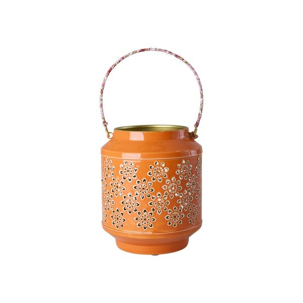 Metallygte med blomstermønster og stof på håndtag - orange