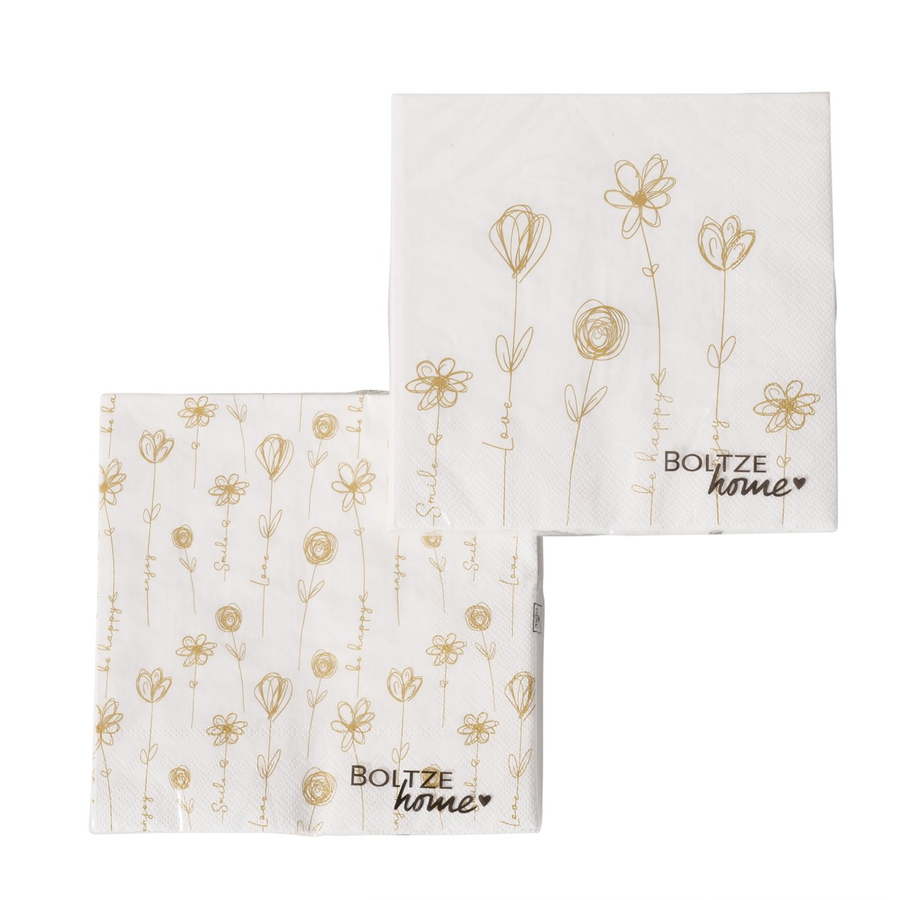 Papirserviet - Hvid med blomster i guld